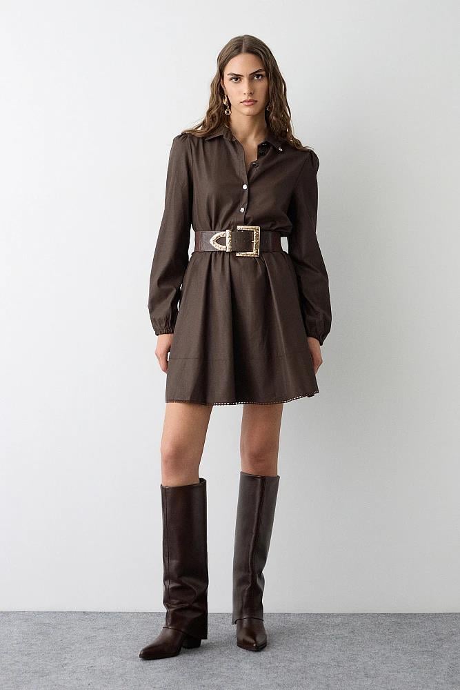 Bsb Bsb Kadın Gömlek Yaka Bel Kuşak Bağlama Kısa Boy Geniş Alt Kesim Kahverengi Elbise 054-211065-KAHVERENGİ
