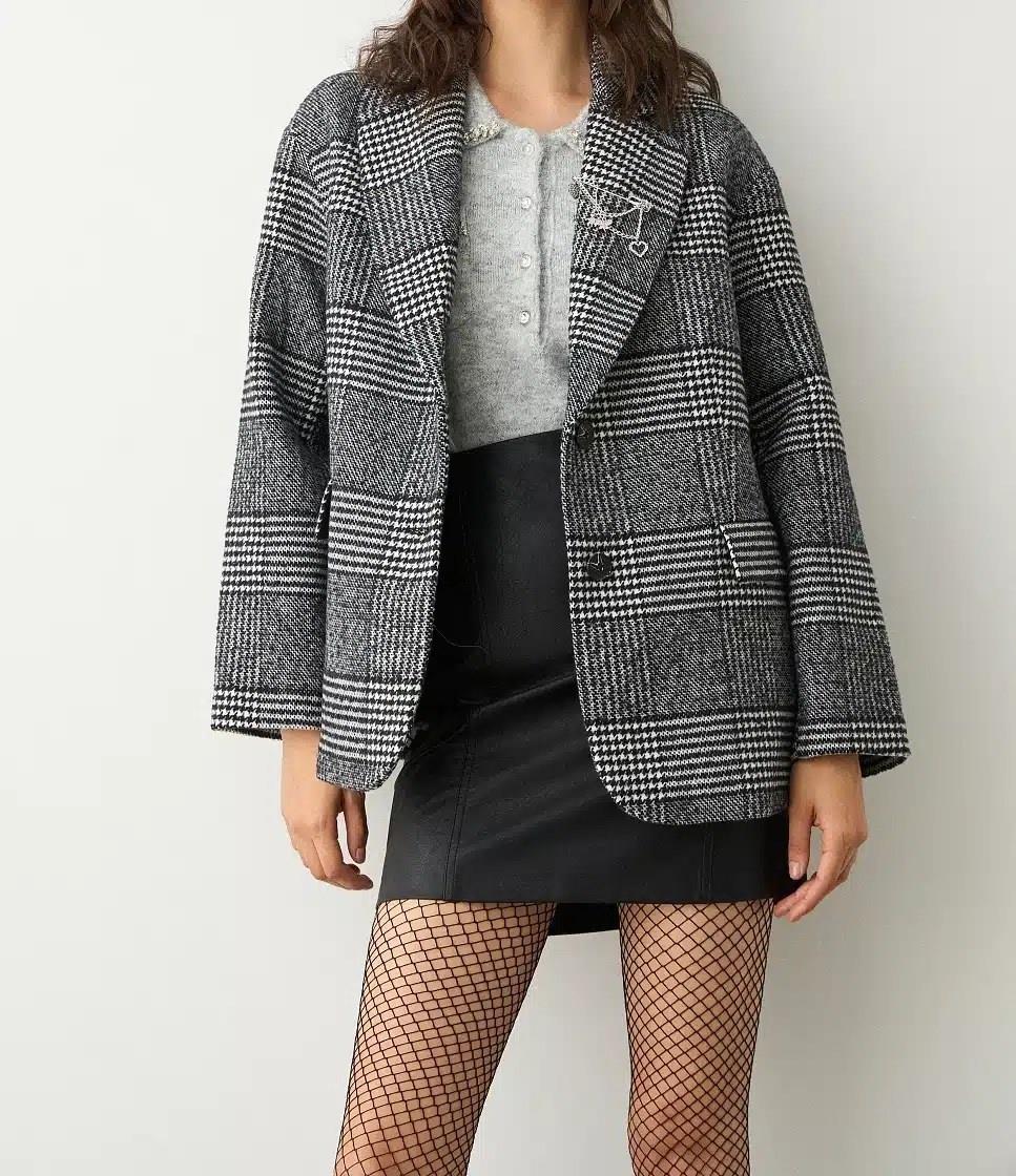 Bsb Bsb Kadın Uzun Kol Desenli Düğme Kapama Blazer Gri Ceket 054-214002-GRİ