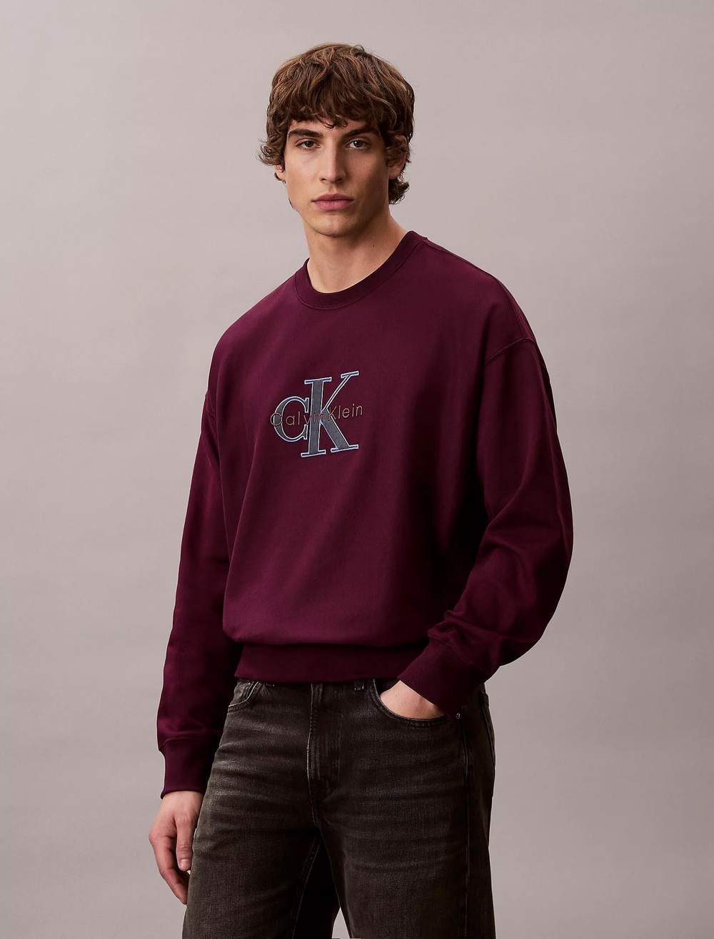 Calvin Klein Calvin Klein Erkek CK Yazı Desen Uzun Kol Pamuklu Bisiklet Yaka Mor Sweatshirt LV04RE200G-5FL
