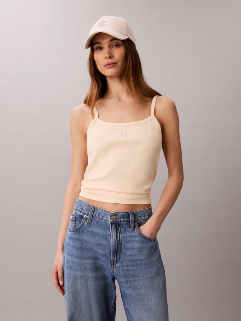 Calvin Klein Calvin Klein Kadın İp Askılı Kare Yaka CK Logo İşlemeli Bej Atlet LV047G208G-TGY