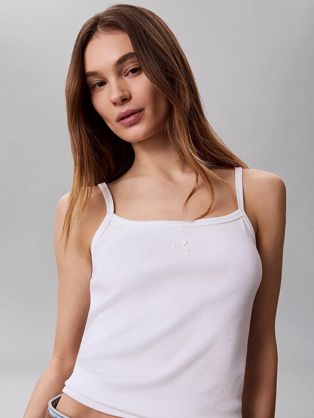 Calvin Klein Calvin Klein Kadın İp Askılı Kare Yaka CK Logo İşlemeli Beyaz Atlet LV047G208G-YAF