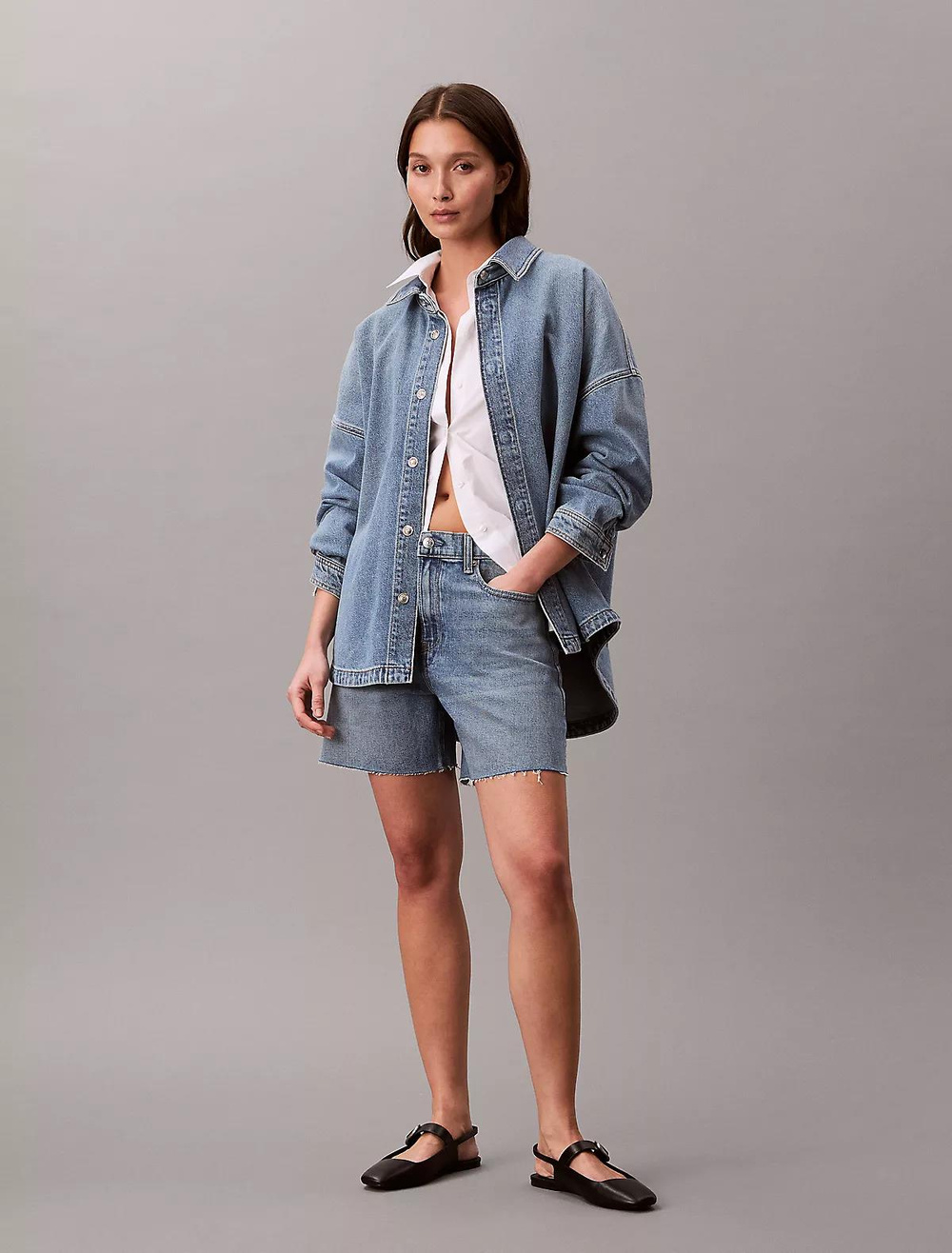 Calvin Klein Calvin Klein Kadın Rahat Kesim Düşük Omuzlu Uzun Kollu Denim Mavi Gömlek LV047E753G-3NS