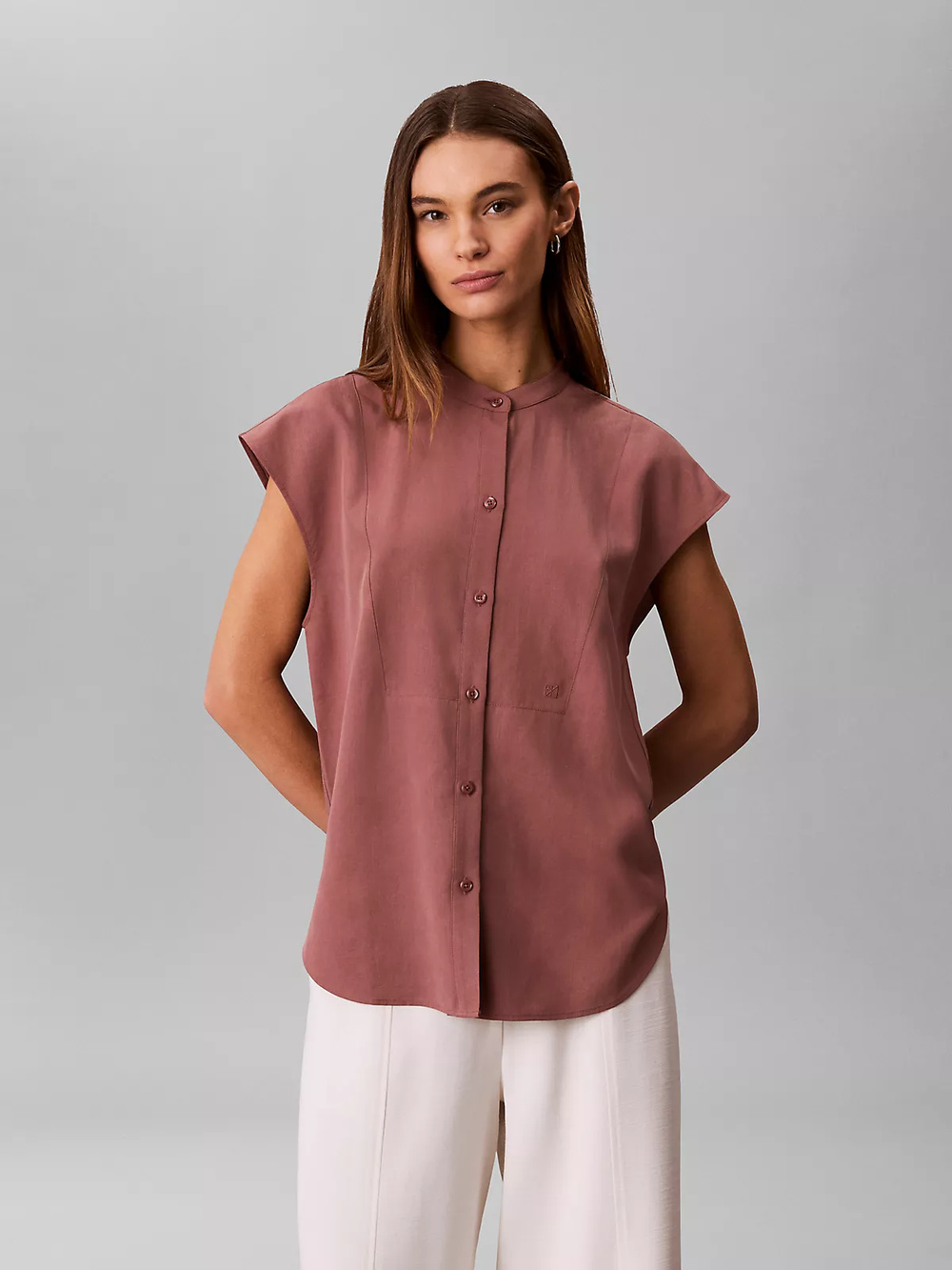 Calvin Klein Calvin Klein Kadın Rahat Kalıp Kısa Kollu Dikiş Detaylı Bordo Gömlek LV047F109G-41J