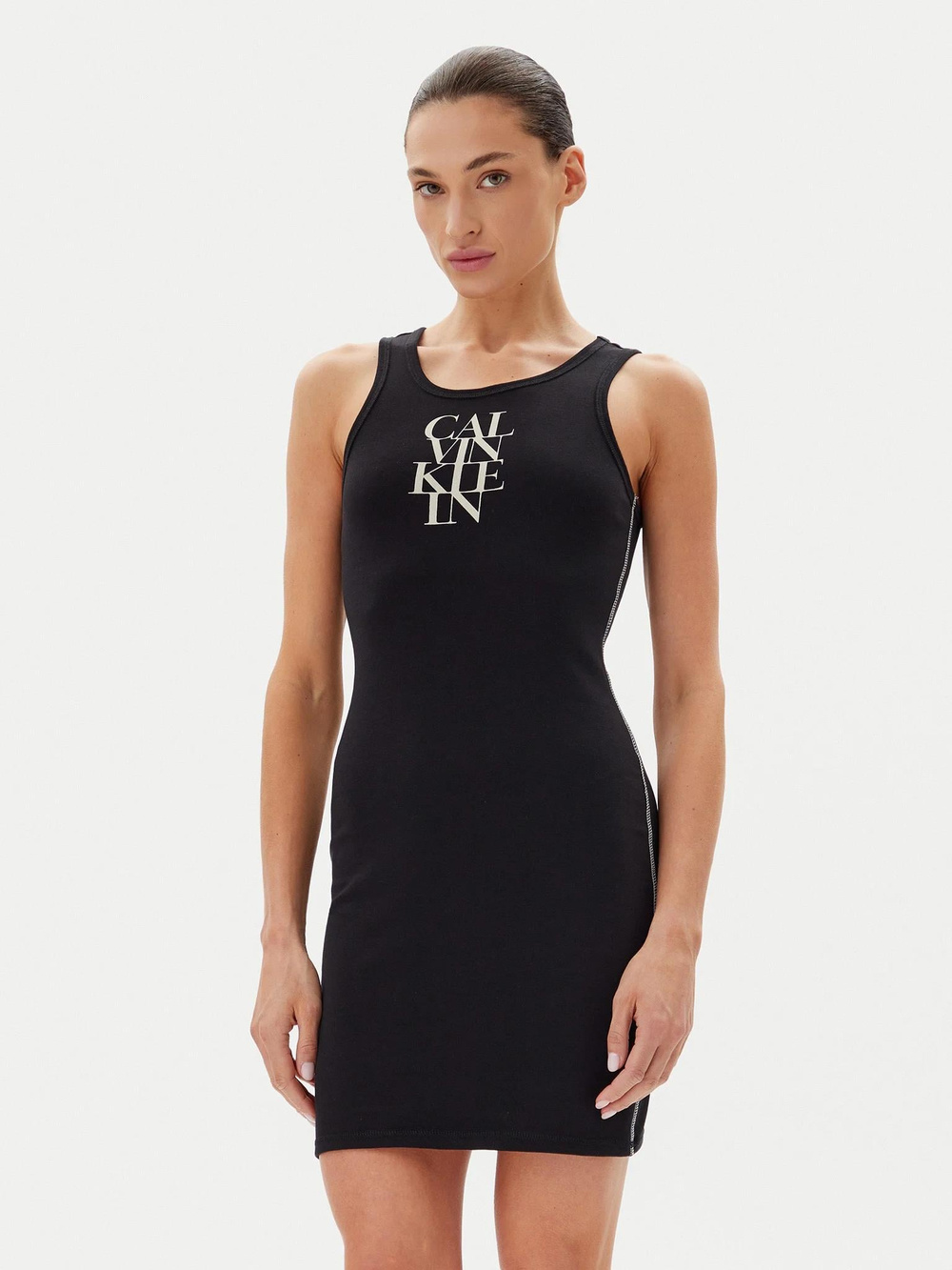 Calvin Klein Calvin Klein Kadın Slim Fit Yuvarlak Yakalı Askılı Logo Baskılı Pamuklu Mini Siyah Elbise LV044C203G-UB1