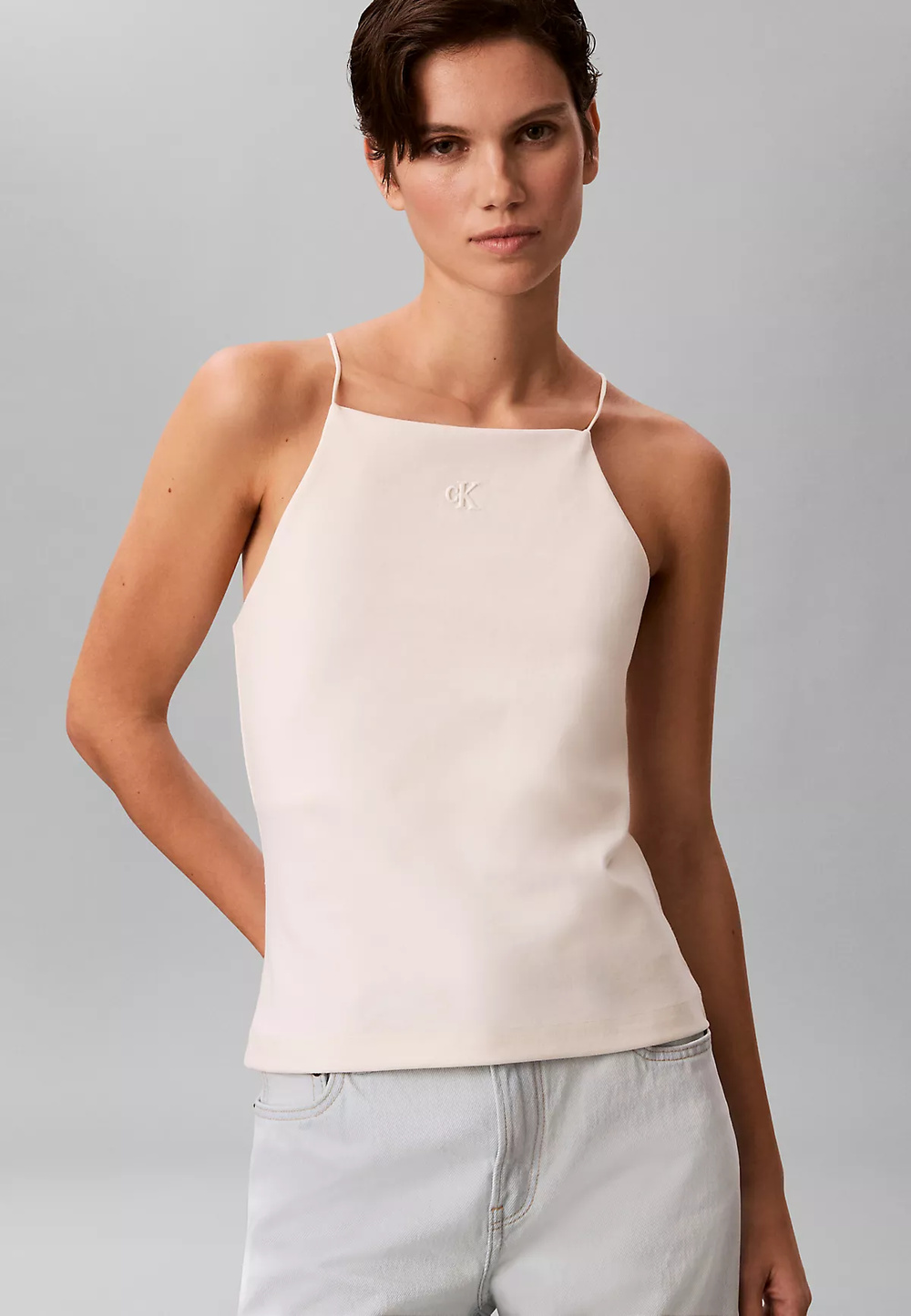 Calvin Klein Calvin Klein Kadın Slim Fit Dar İp Askılı Pamuklu Düz Dokuma Kumaş Krem Bluz LV044F206G-YAS