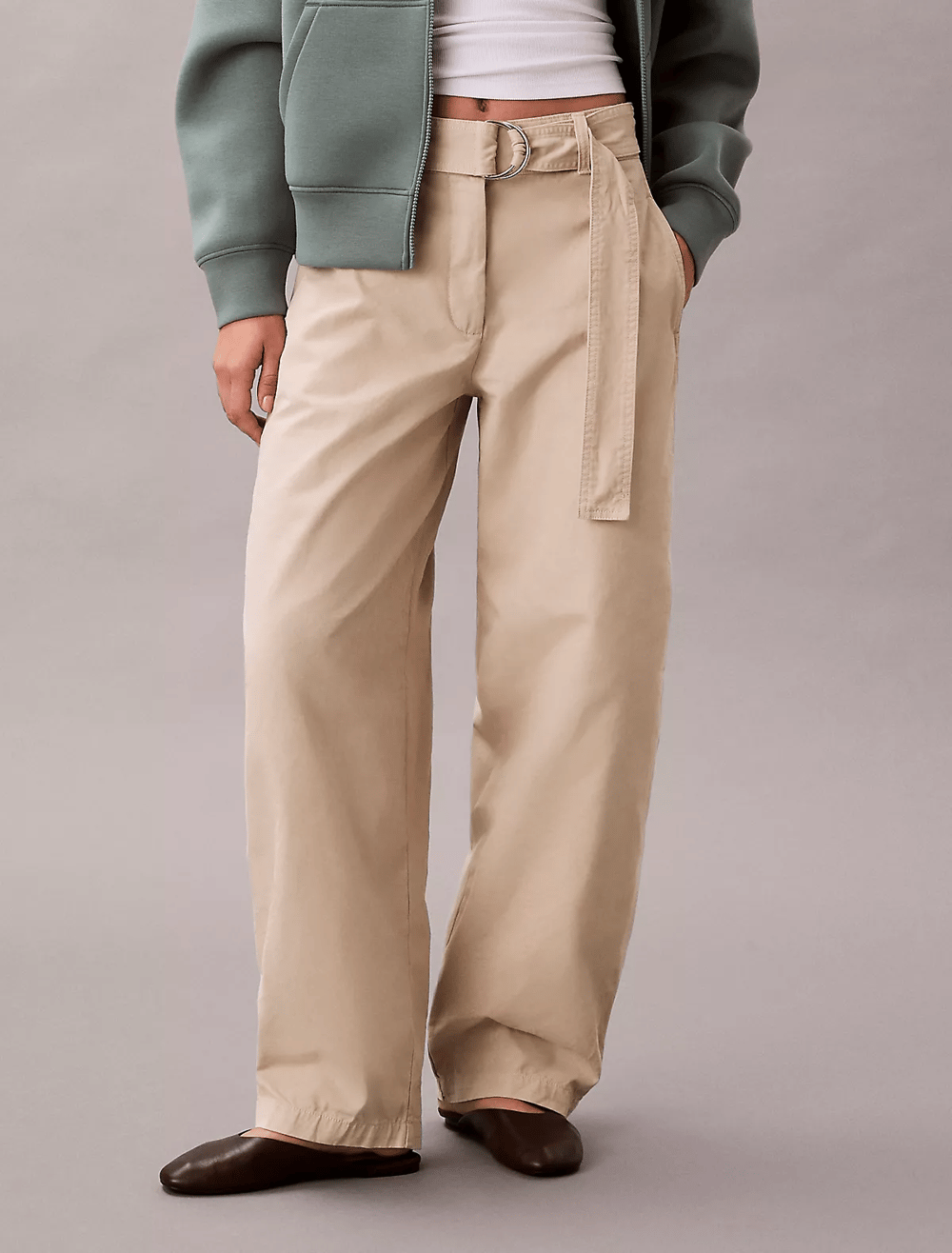 Calvin Klein Calvin Klein Kadın Yüksek Bel Geniş Paça Belde Kemer Detay Dokuma Kumaş Krem Pantolon LV044E619G-2F2