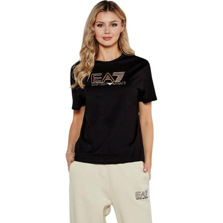 Ea7 Ea7 Kadın %100 Pamuklu Yuvarlak Yaka Göğsüte EA7 Kabartmalı Logolu Kısa Kollu Siyah T-Shirt 7W000098 AF12503-UC001