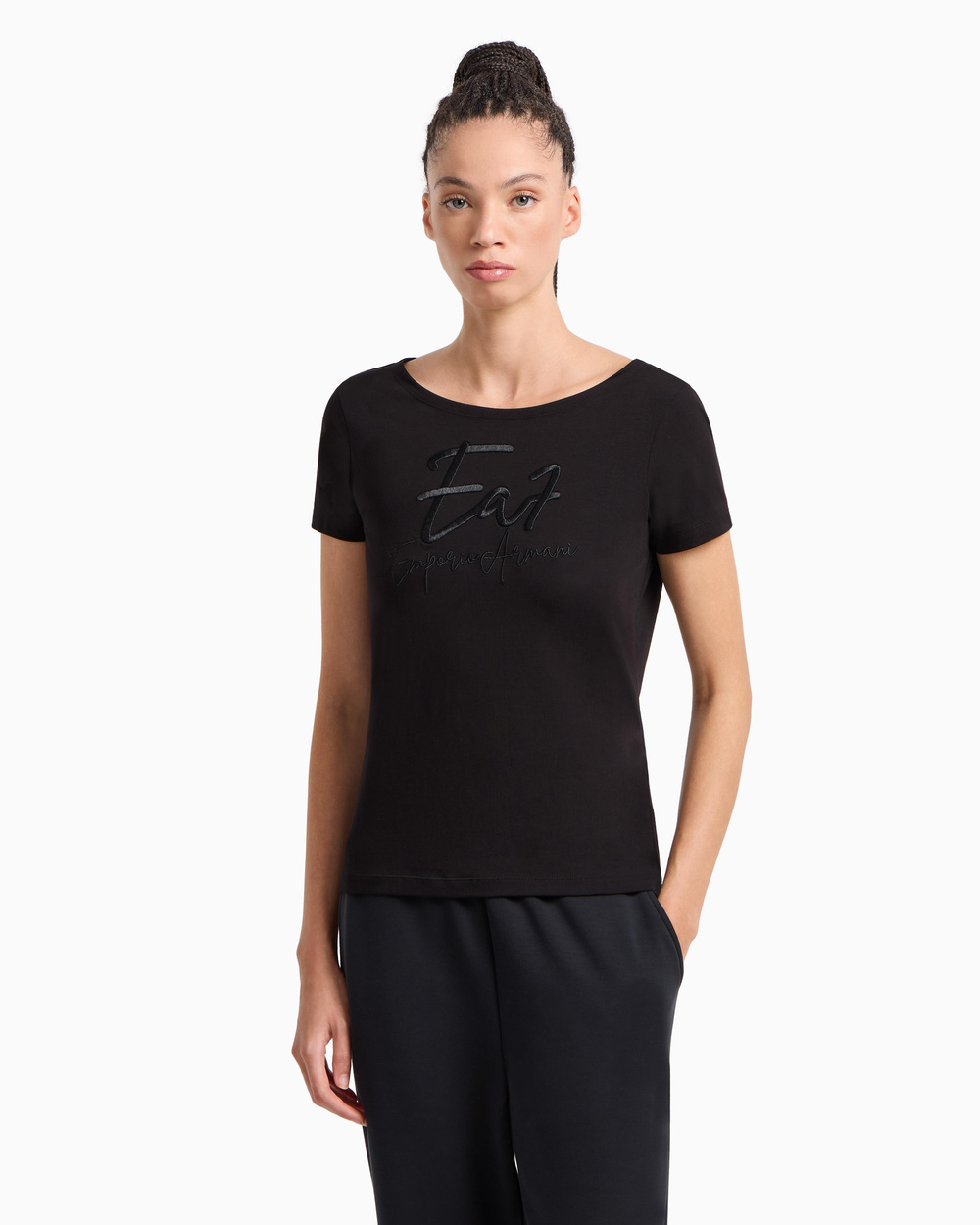 Ea7 Ea7 Kadın Bisiklet Yaka EA7 Yazı Detay Kısa Kol Dar Siyah T-Shirt 7W000184 AF10373-UC001