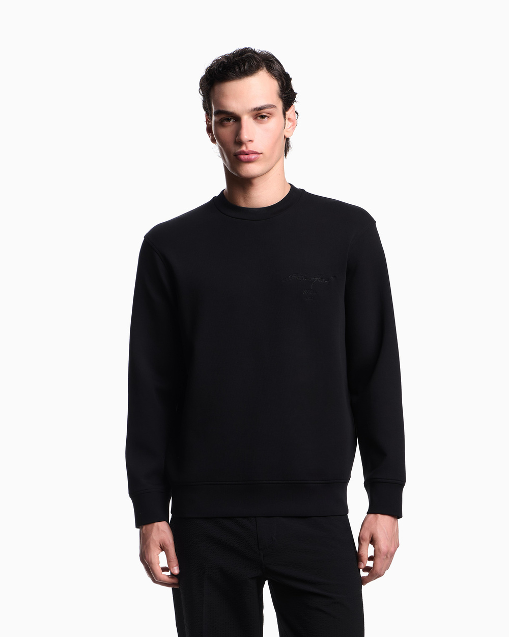 Emporio Armani Emporıo Armani Erkek Rahat Çift Jarse Yuvarlak Yaka Logo İşlemeli Siyah Sweatshirt EM002906 AF10013-MC352