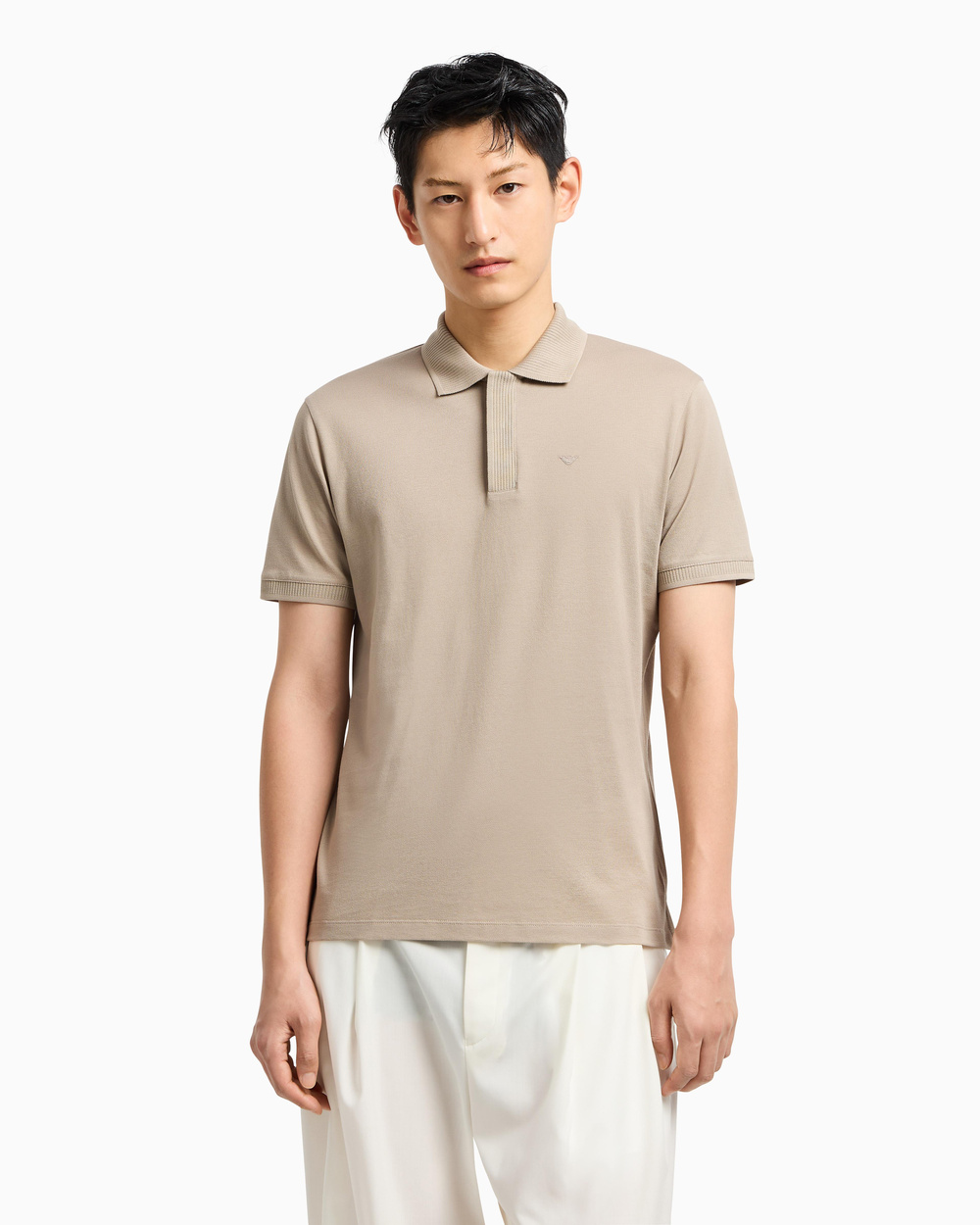 EMPORIO ARMANI Emporıo Armani Erkek Regular Fit Kartal İşlemeli %100 Pamuklu Kısa Kollu Bej Polo Yaka T-Shirt EM000850 AF12955-U6167