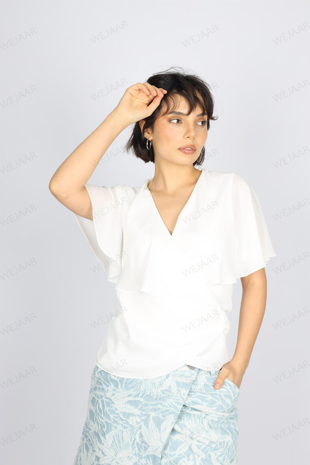 Explosion Explosıon Kadın Regular Fit Pamuklu V Yaka Kısa Kollu Ekru Bluz EXP18080-EKRU