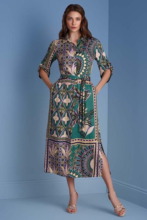 Guitar Guıtar Kadın Polo Yaka Uzun Kollu Mini Yırtmaç Detaylı Çok Renkli Abiye & Mezuniyet Elbisesi 25073-DRESS-MULTİ