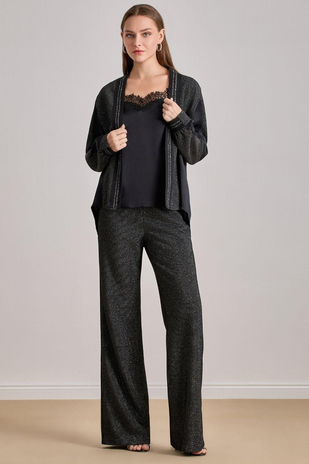 Guitar Guıtar Kadın Rahat Kalıp Şerit Çizgi Desenli Uzun Kollu Siyah Hırka 25501-CARDIGAN-SİY/GÜM