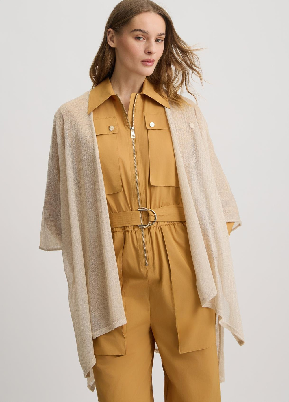 LIU JO Lıu Jo Kadın Rahat Kesim Kısa Kollu Asimetrik Uçlu Örme Bej Panço 2A5007M0300-21406