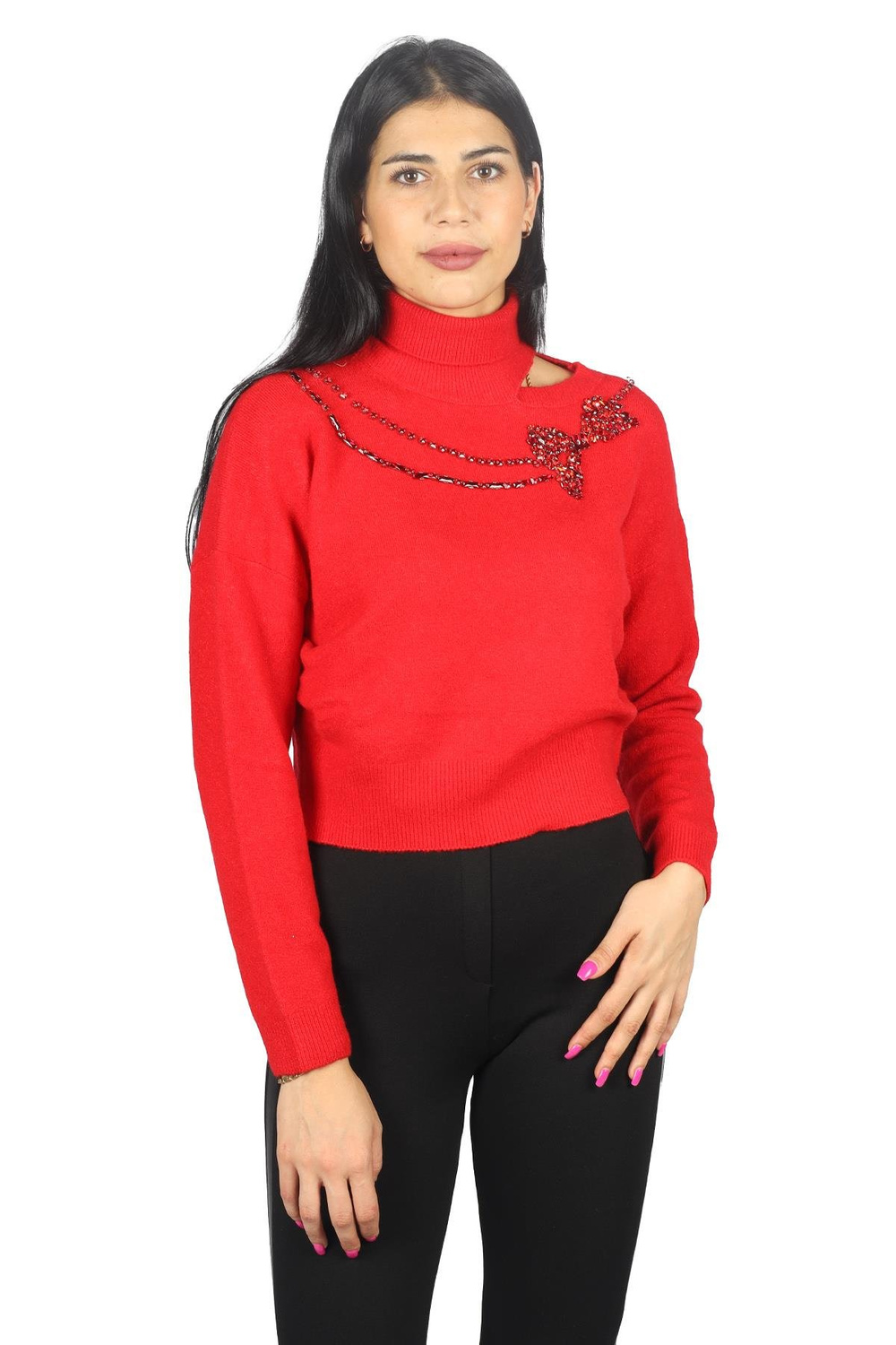 Liu Jo Lıu Jo Kadın Uzun Kollu Desenli Balıkçı Yaka Rahat Kırmızı Kazak MF3093MA050-91757