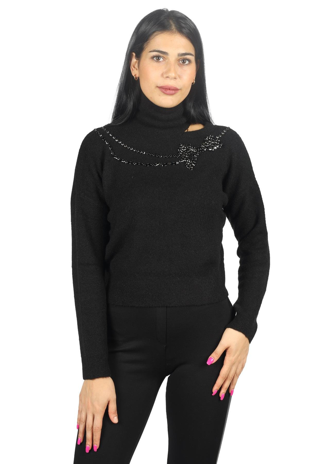 Liu Jo Lıu Jo Kadın Uzun Kollu Desenli Balıkçı Yaka Rahat Siyah Kazak MF3093MA050-22222