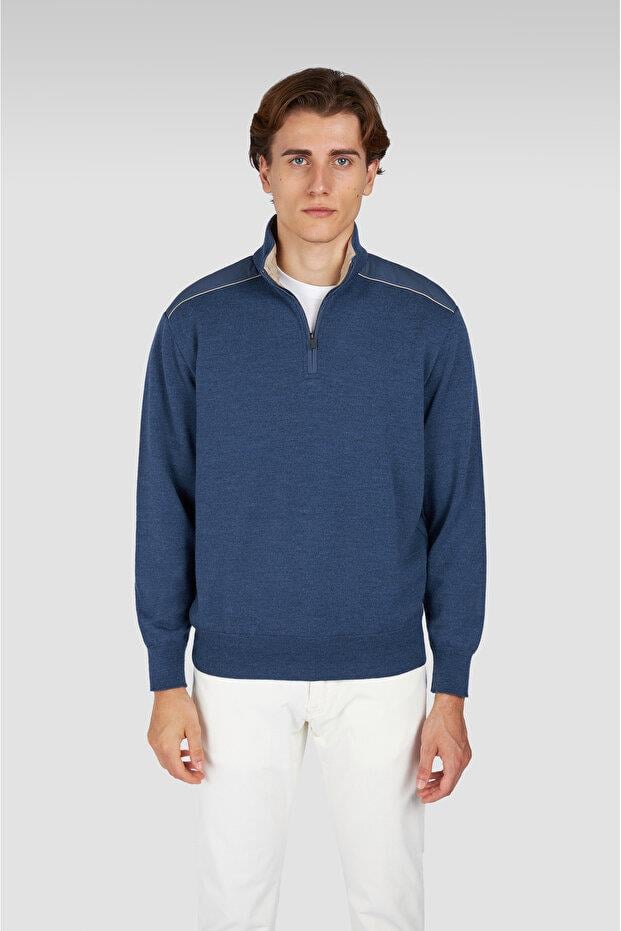 Paul Shark Paul Shark Erkek Regular Fit %100 Yün Uzun Kollu Yarım Fermuarlı Triko Mavi Triko 15311131-635