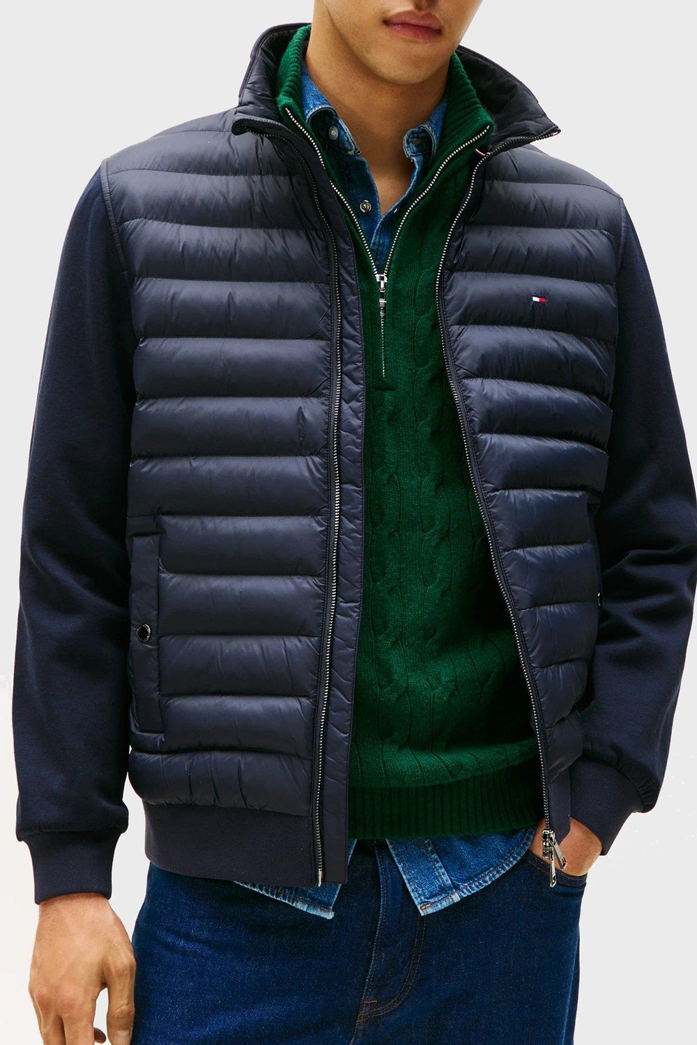 Tommy Hilfiger Tommy Hilfiger Erkek Normal Kalıp Dik Yaka Fermuarlı Kapitone Desenli Kontrast Kollu Lacivert Sweatshirt MW0MW41329-DW5