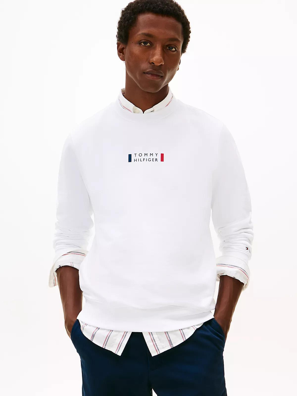 Tommy Hilfiger Tommy Hilfiger Erkek Normal Kalıp Logo Desenli Yuvarlak Yakalı Uzun Kollu Beyaz Sweatshirt MW0MW41428-YBR