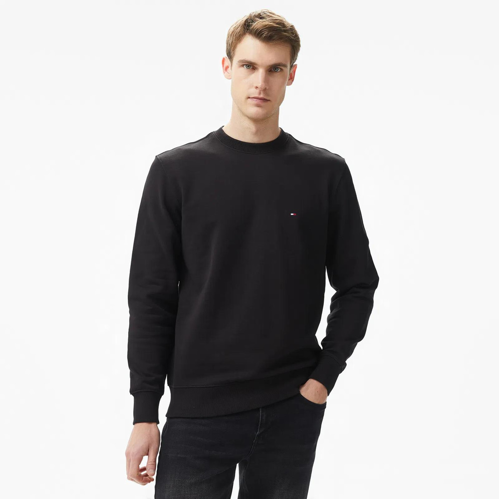 Tommy Hilfiger Tommy Hilfiger Erkek Pamuklu Normal Kalıp Yuvarlak Yakalı Uzun Kollu Siyah Sweatshirt MW0MW37237-BDS