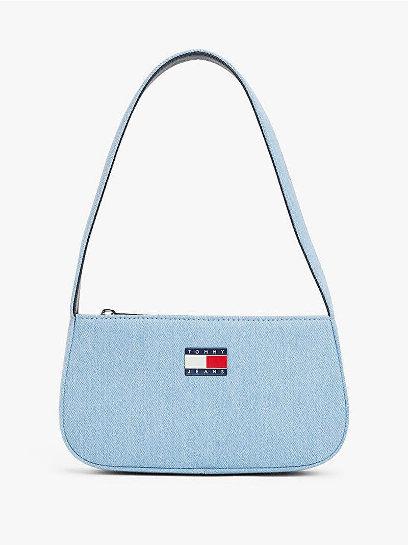 TOMMY HILFIGER Tommy Hilfiger Kadın Denim Kumaş Logo Desenli Fermuarlı Mavi Omuz Çantası AW0AW17363-0GY
