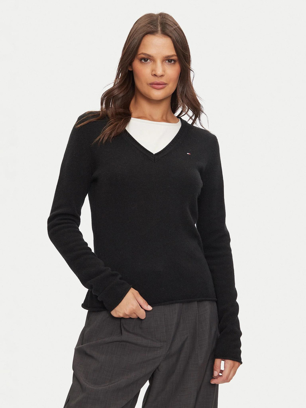Tommy Hilfiger Tommy Hilfiger Kadın Normal Kesim Saf Yün V Yaka Uzun Kollu Siyah Kazak WW0WW43505-BDS