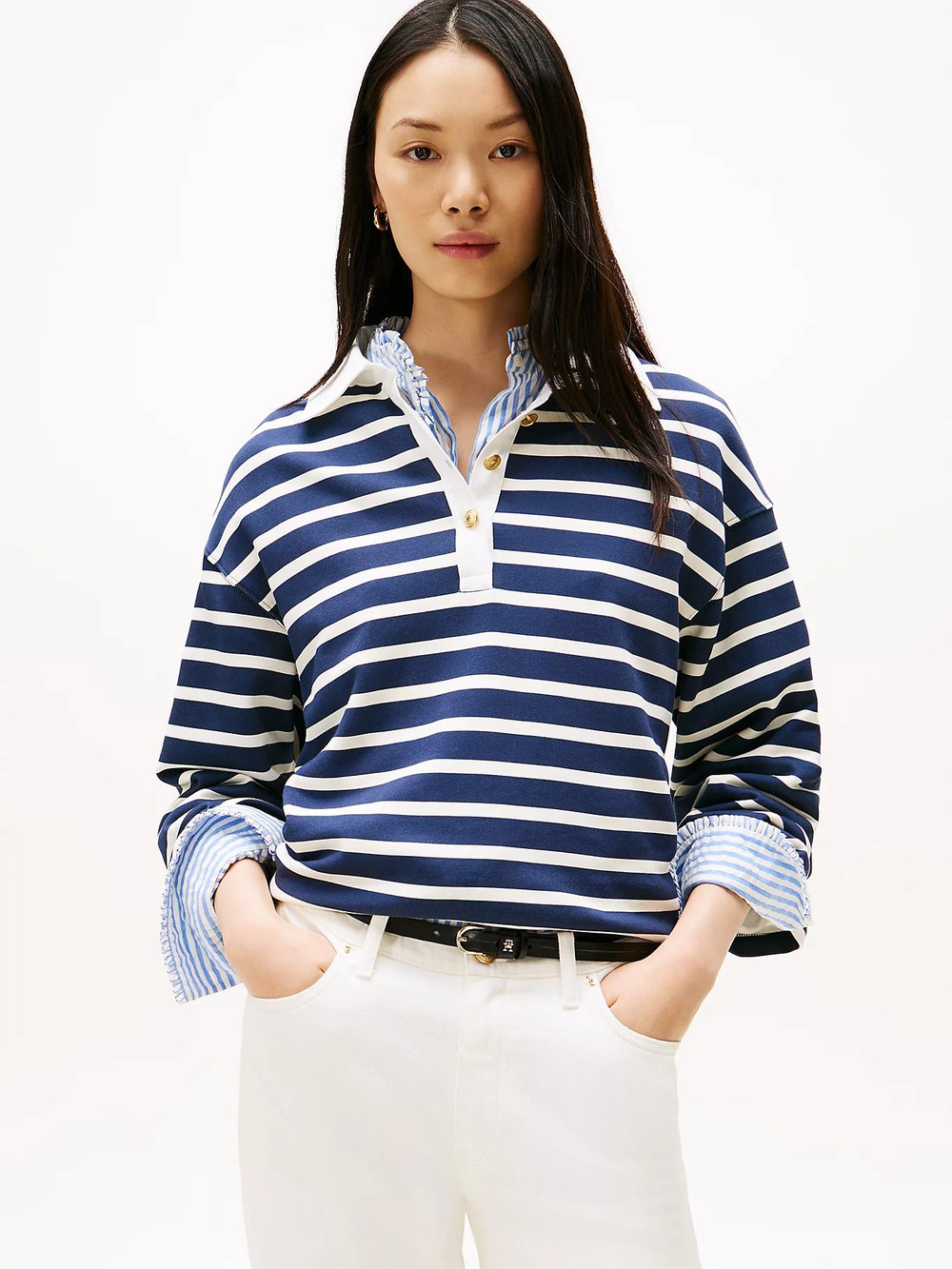 Tommy Hilfiger Tommy Hilfiger Kadın Rahat Kalıp Pamuklu Çizgi Desenli Uzun Kollu Mavi-Beyaz Sweatshirt WW0WW47457-0Y7