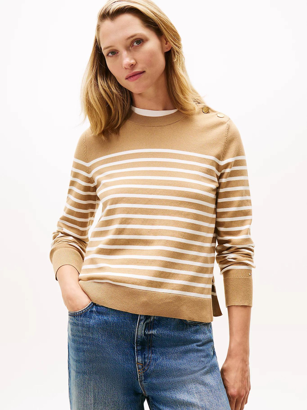 Tommy Hilfiger Tommy Hilfiger Kadın Saf Pamuklu Normal Kalıp Çizgili Gold Düğme Detaylı Uzun Kollu Örgü Bej Kazak WW0WW47305-0AF