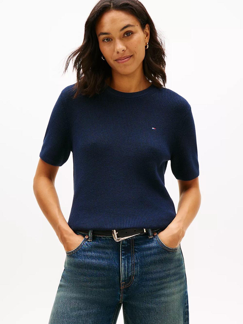 Tommy Hilfiger Tommy Hilfiger Kadın Saf Pamuklu Yuvarlak Yakalı Kısa Kollu Lacivert Kazak WW0WW48793-C1G