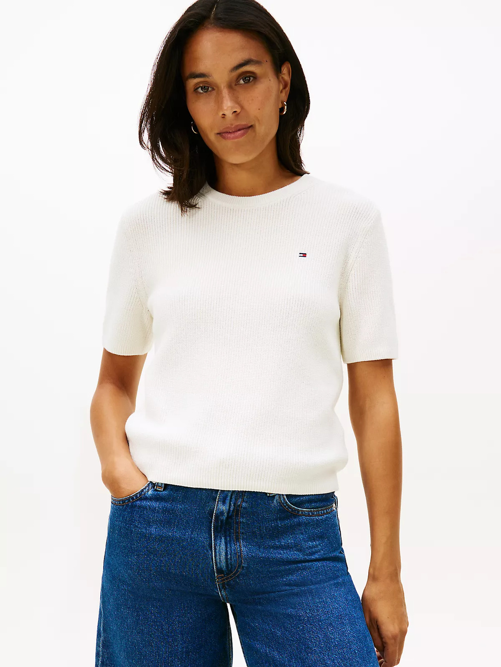 Tommy Hilfiger Tommy Hilfiger Kadın Saf Pamuklu Yuvarlak Yakalı Kısa Kollu Beyaz Kazak WW0WW48793-YBI