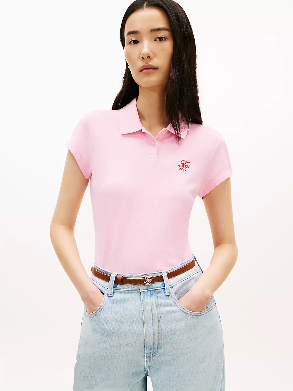 Tommy Hilfiger Tommy Hilfiger Kadın Slim Fit Göğsünde Logo İşlemeli Pamuklu Kısa Kollu Pembe Polo Yaka T-Shirt WW0WW49259-TOL