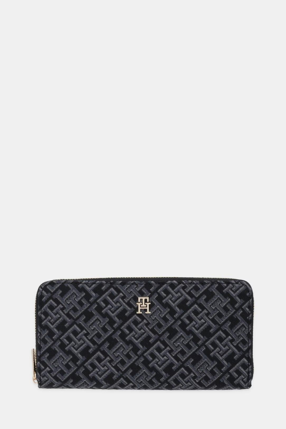 Tommy Hilfiger Tommy Hilfiger Kadın TH Monogram Logo Desenli Fermuarlı İç Bölmeli Siyah Cüzdan AW0AW17956-BDS
