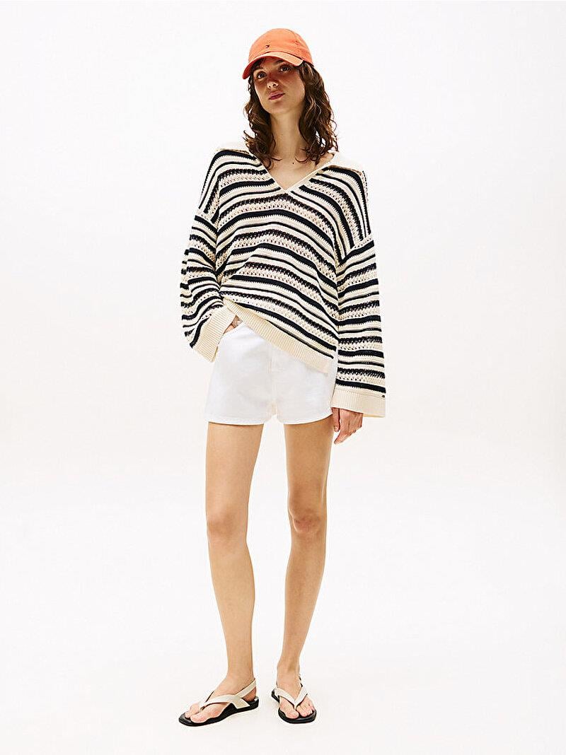 TOMMY HILFIGER Tommy Hilfiger Kadın Yüksek Bel Kısa Boy Cep Detay Denim Kumaş Beyaz Şort WW0WW46504-YBR