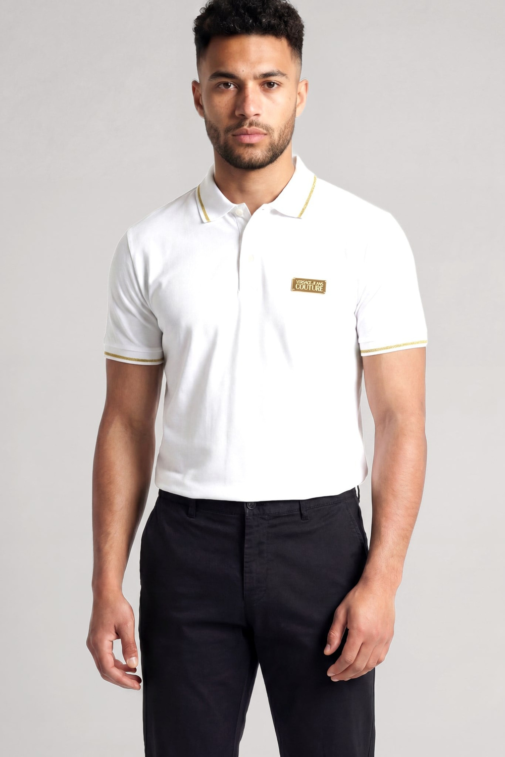 Versace Versace Erkek Regular Fit Pamuklu Kolarında Şerit Desenli Kısa Kollu Beyaz T-Shirt 80GAGT05 CJ01T-G03