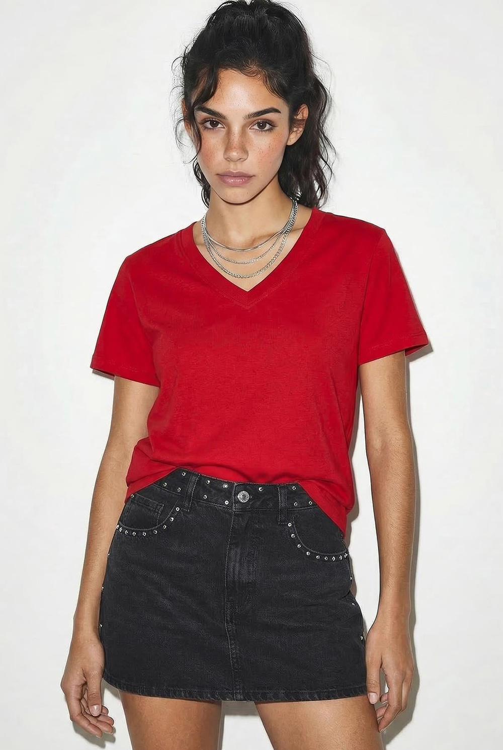 %100 Organik Pamuk Derin V Yakalı Comfort Fit T-Shirt 60602066 - Kırmızı