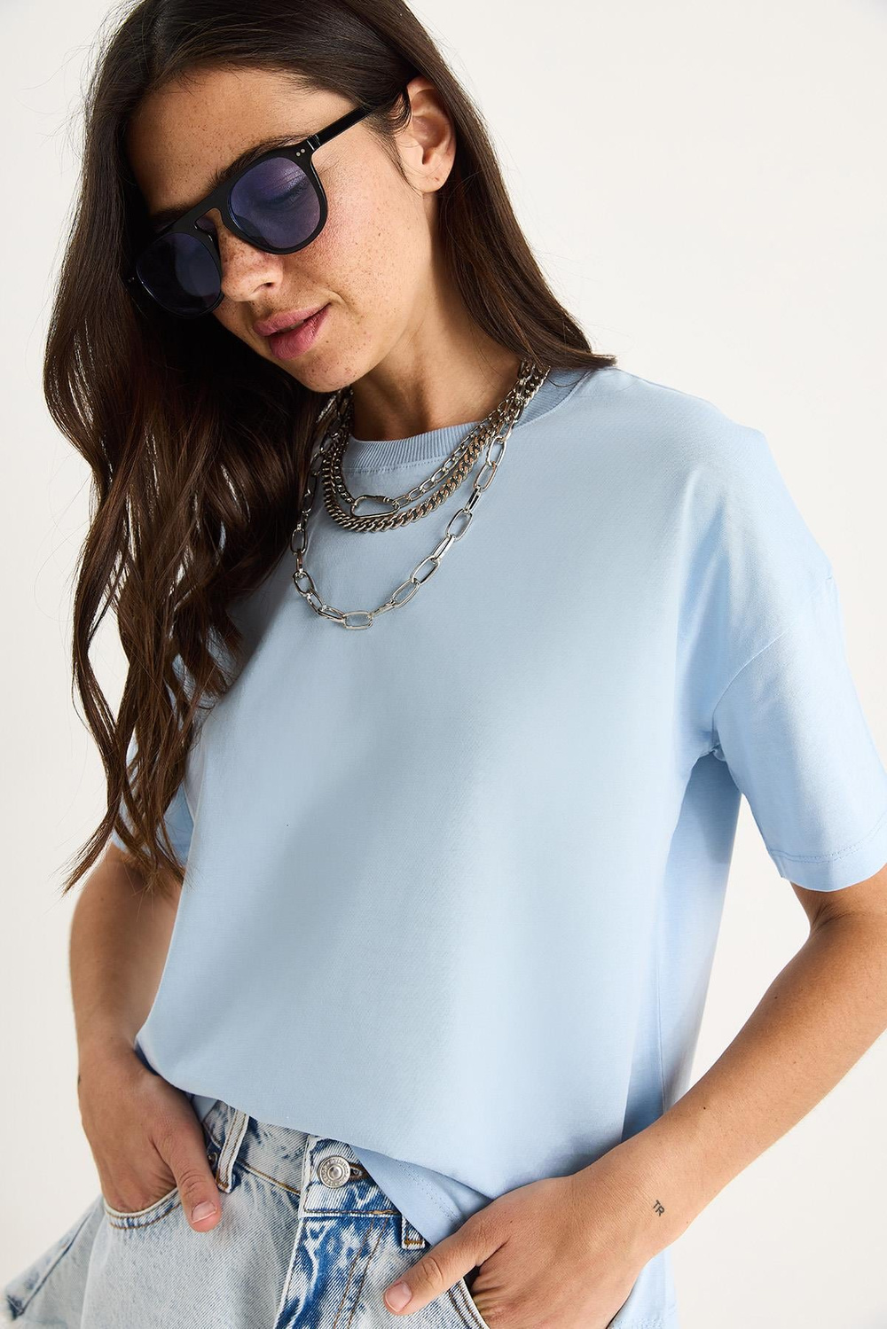 Kadın %100 Organik Pamuk Relaxed Fit Yuvarlak Yakalı T-Shirt 60602050 - Mavi