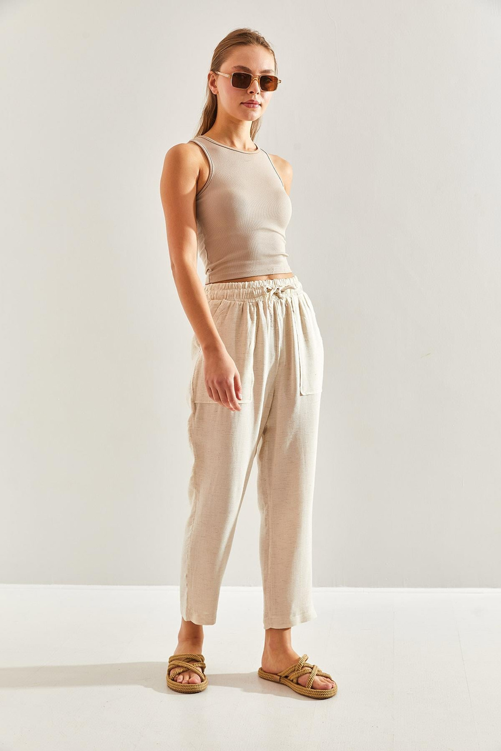 Kadın Beli Lastikli Keten Pantolon 60171026 - Bej