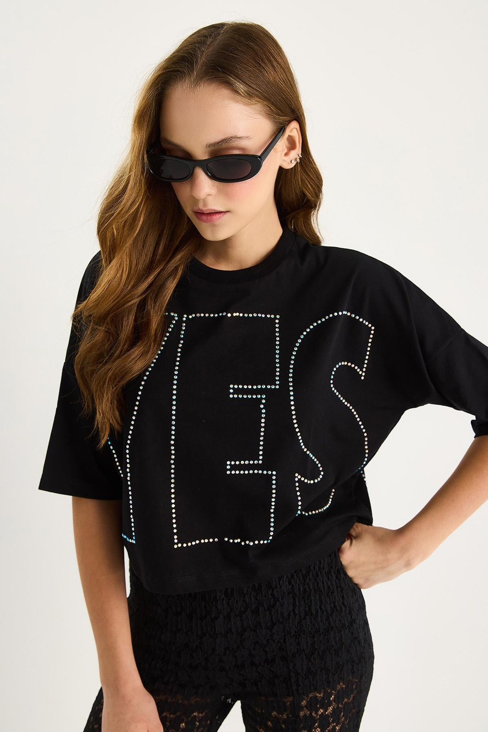 Bisiklet Yaka Taş Baskılı Basic Salaş T-Shirt 60602061 - Siyah