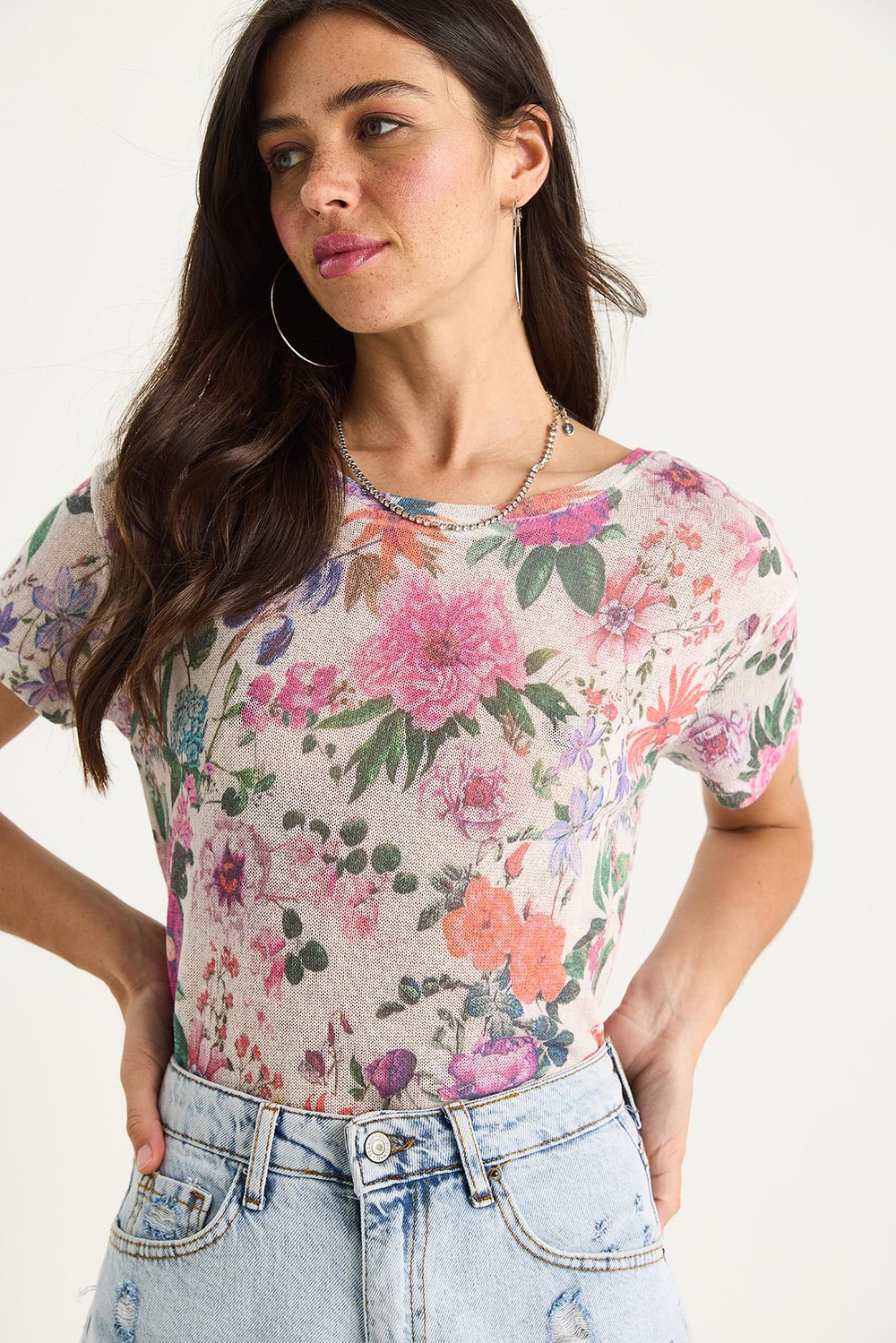 Kadın Bisiklet Yaka Desenli Dijital Baskılı Regular Yazlık Örme T-Shirt 60282015 - Bej-Mor