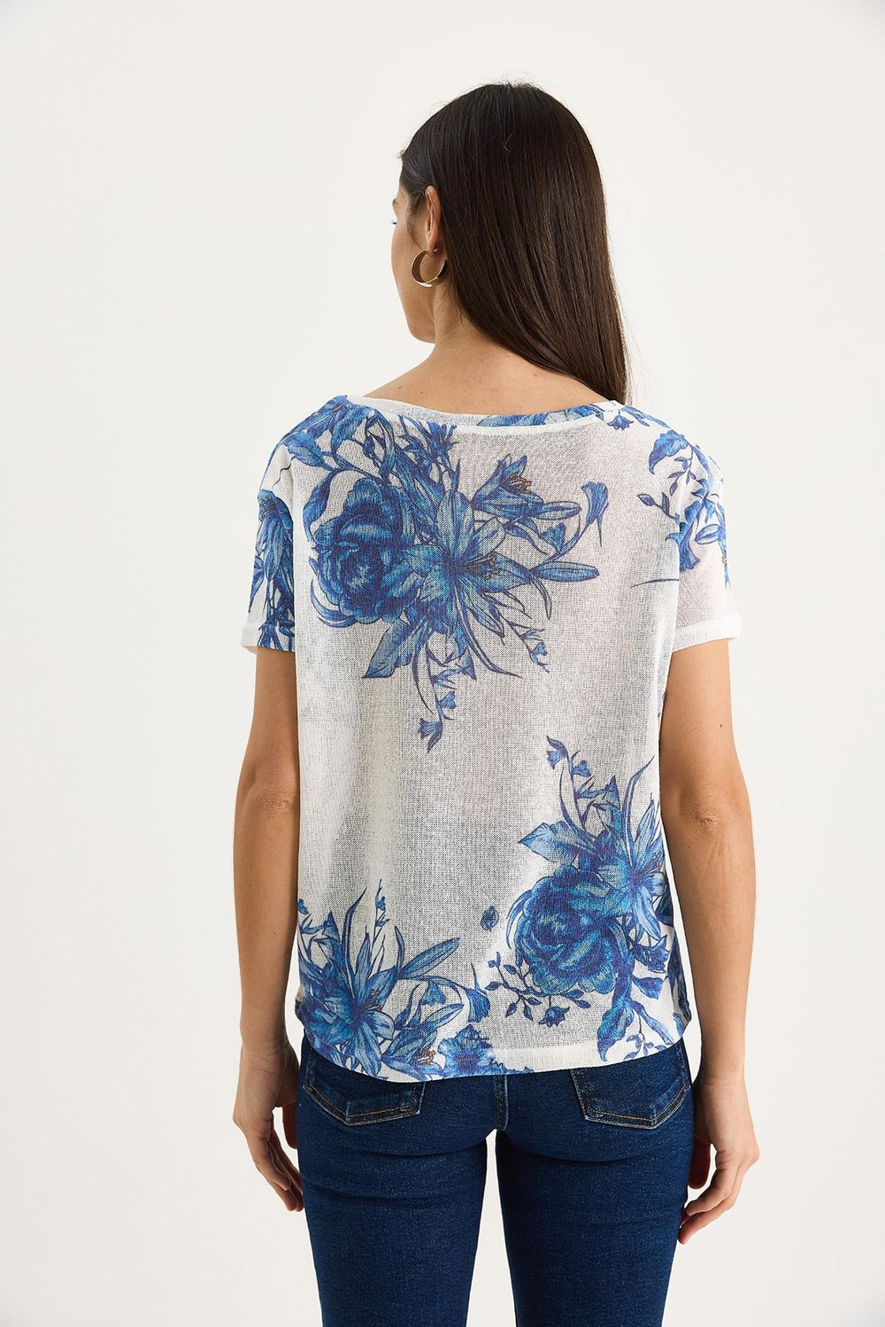 Kadın Bisiklet Yaka Desenli Dijital Baskılı Regular Yazlık Örme T-Shirt 60282015 - Beyaz-Mavi