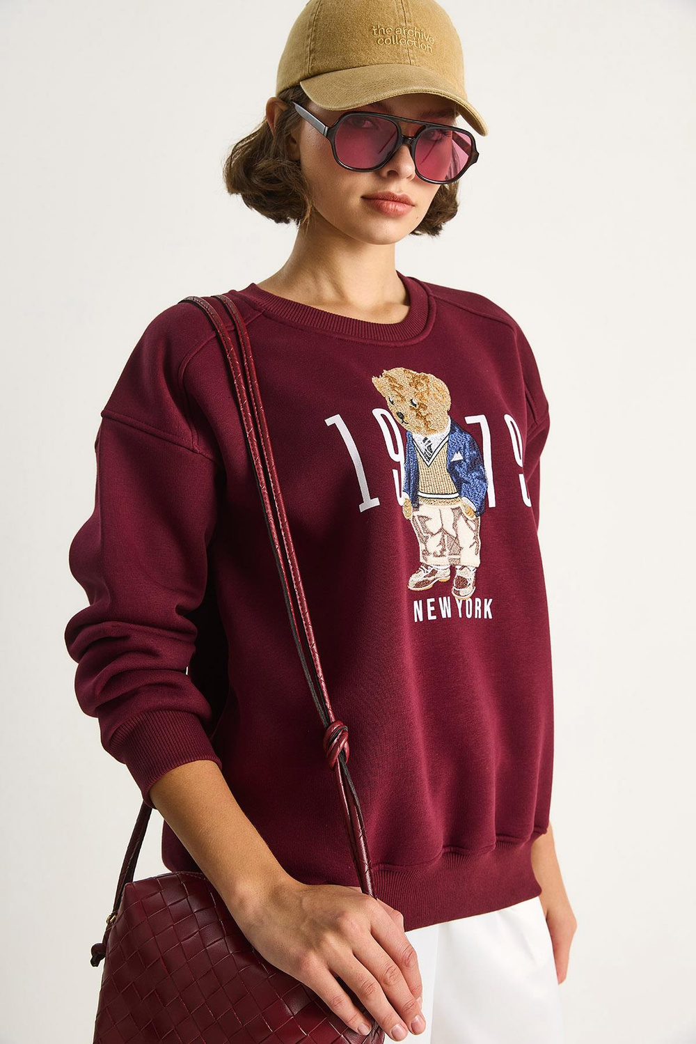 Kadın Bisiklet Yaka Teddy Nakış Detaylı Sweat 10417 60284066 - Bordo