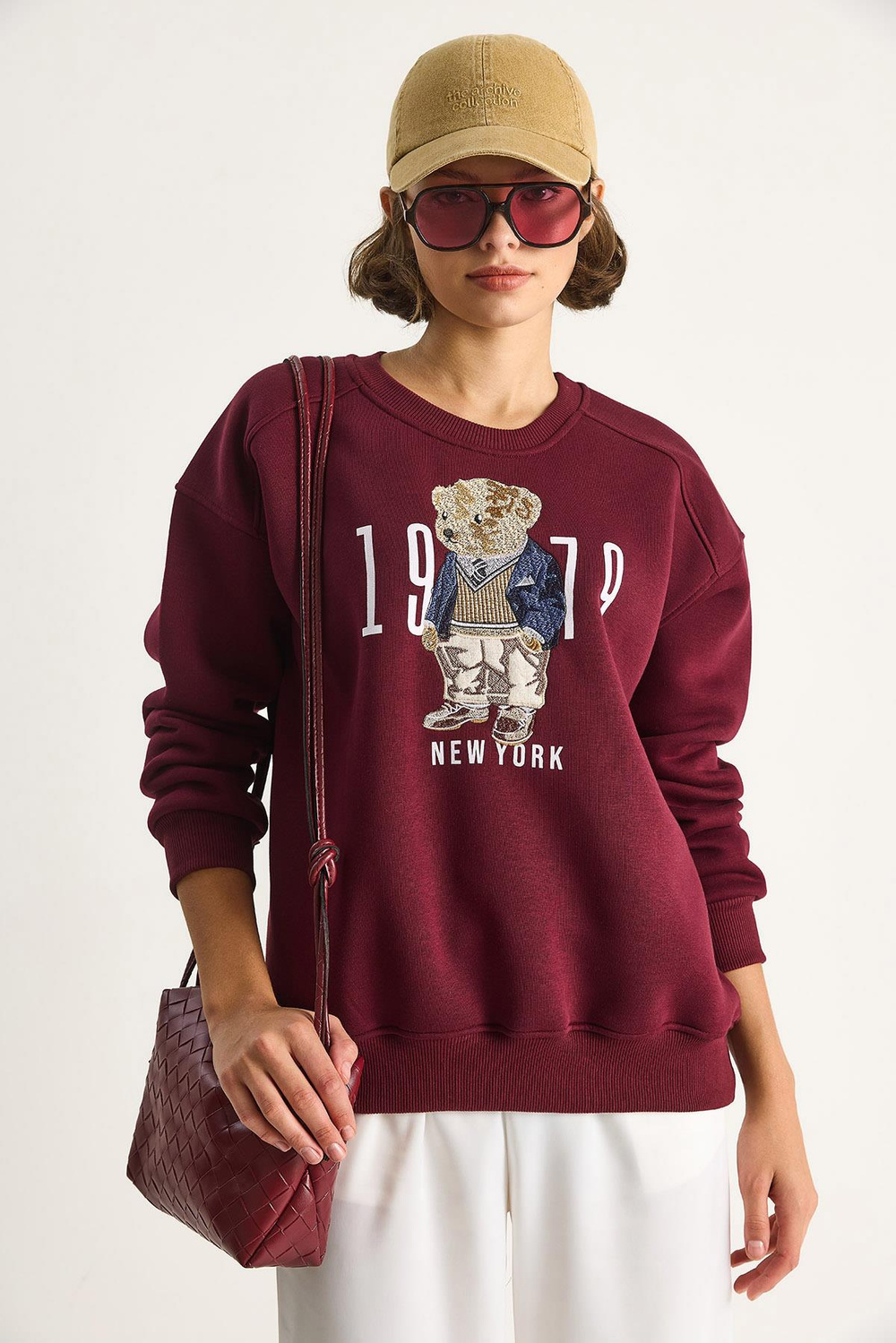 Kadın Bisiklet Yaka Teddy Nakış Detaylı Sweat 10417 60284066 - Bordo