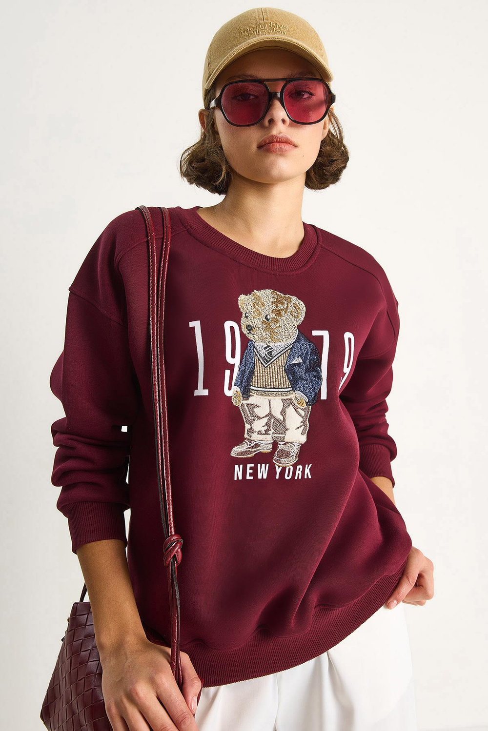 Kadın Bisiklet Yaka Teddy Nakış Detaylı Sweat 10417 60284066 - Bordo