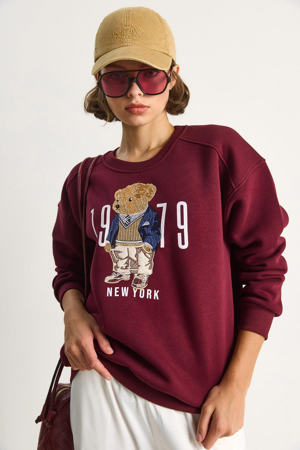 Kadın Bisiklet Yaka Teddy Nakış Detaylı Sweat 10417 60284066 - Bordo