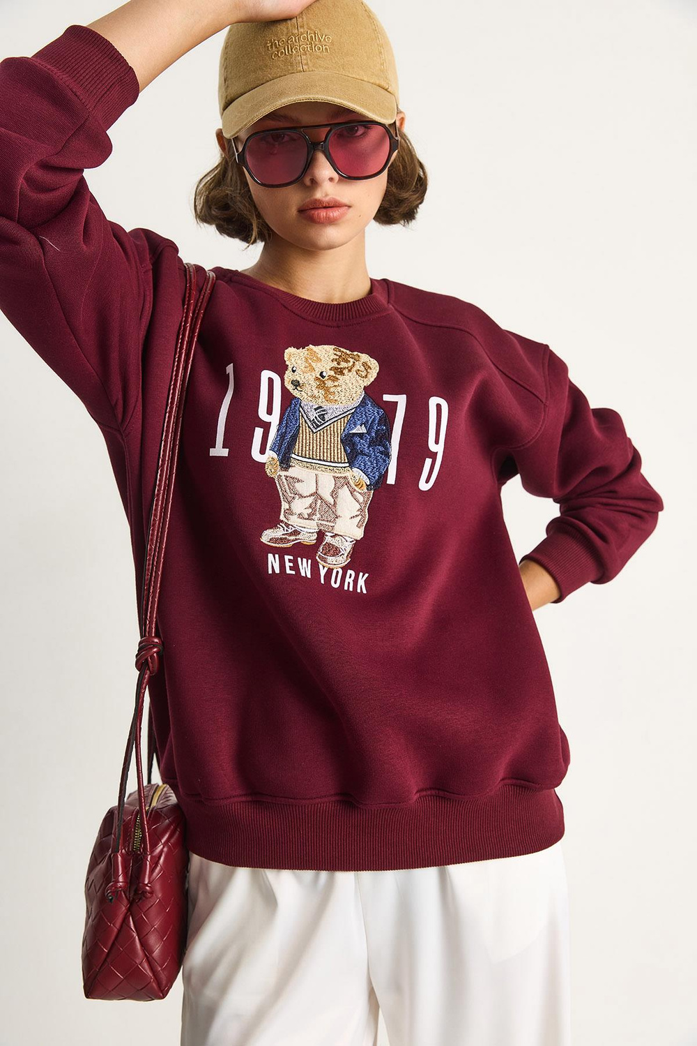 Kadın Bisiklet Yaka Teddy Nakış Detaylı Sweat 10417 60284066 - Bordo