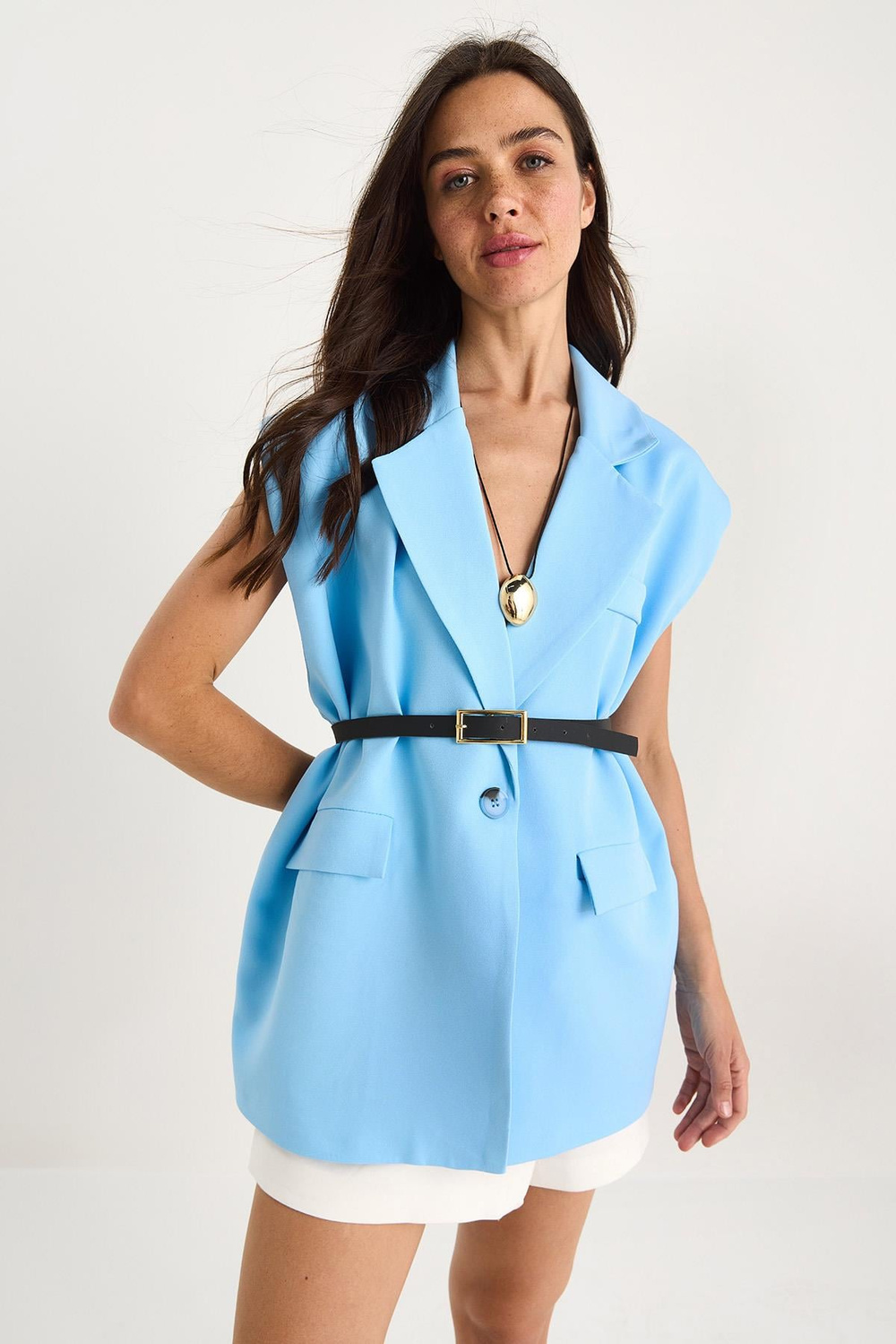 Kadın Cep Detaylı Kemerli Vatkalı Oversize Astarlı Blazer Yelek 11143 60281003 - Bebe Mavisi