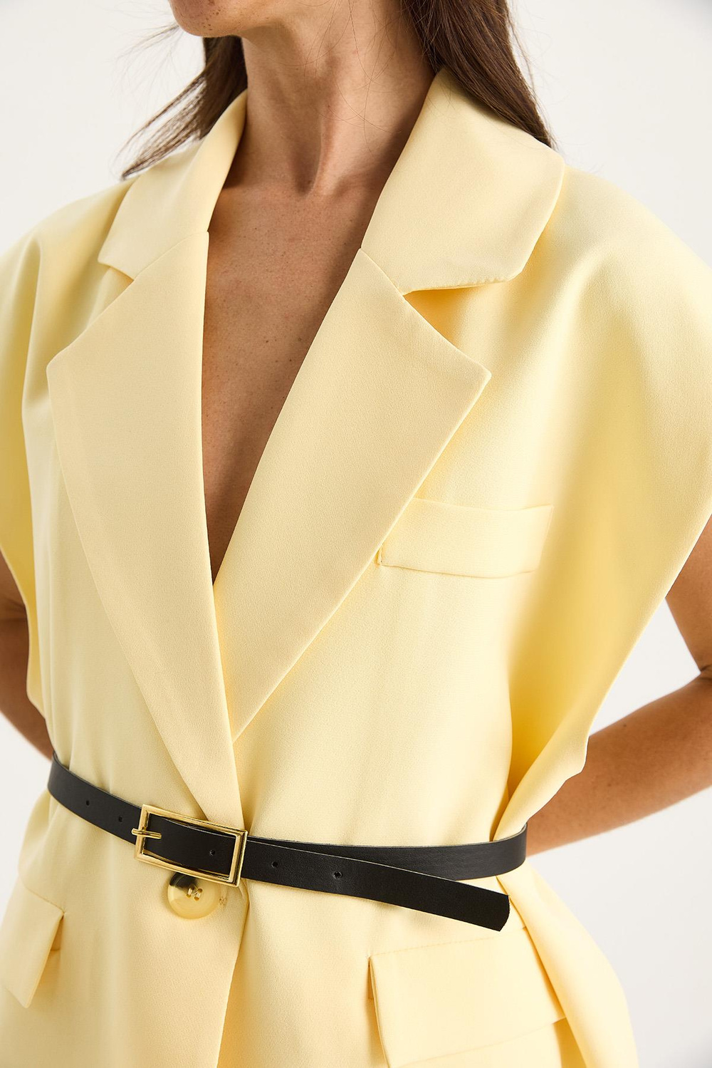 Kadın Cep Detaylı Kemerli Vatkalı Oversize Astarlı Blazer Yelek 11143 60281003 - Tereyağ