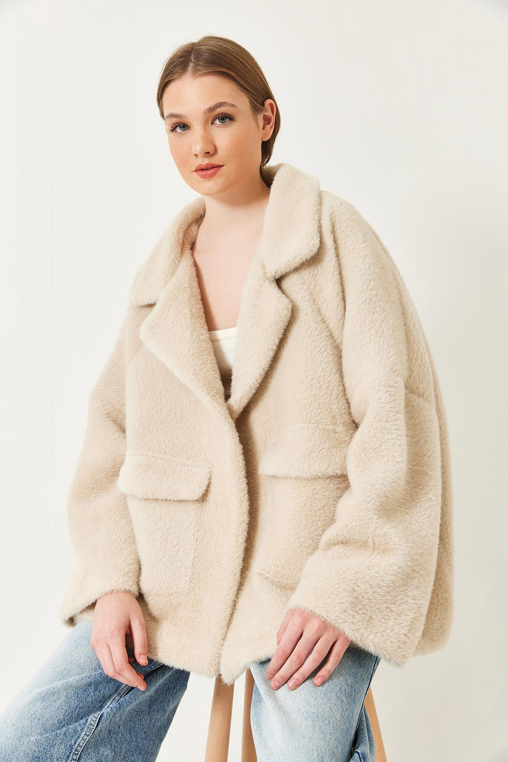 Kadın Çift Cepli Oversize Peluş Mont 1611 60261097 - Bej