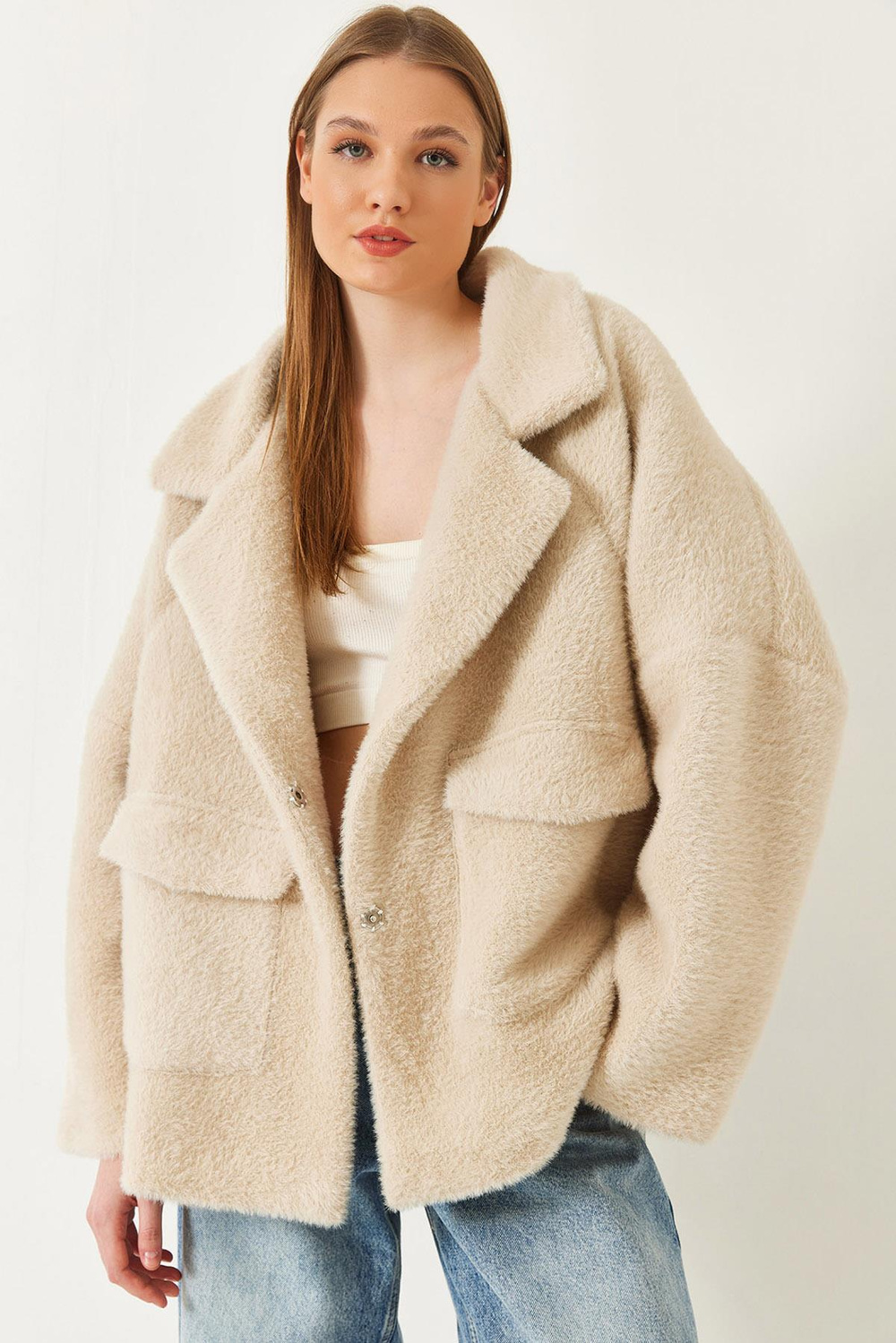 Kadın Çift Cepli Oversize Peluş Mont 1611 60261097 - Bej
