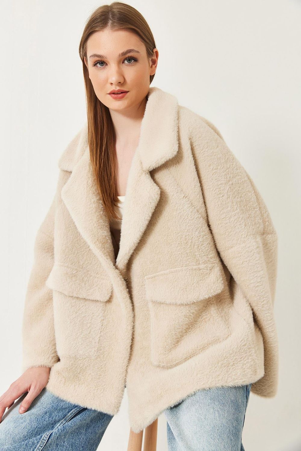 Kadın Çift Cepli Oversize Peluş Mont 1611 60261097 - Bej